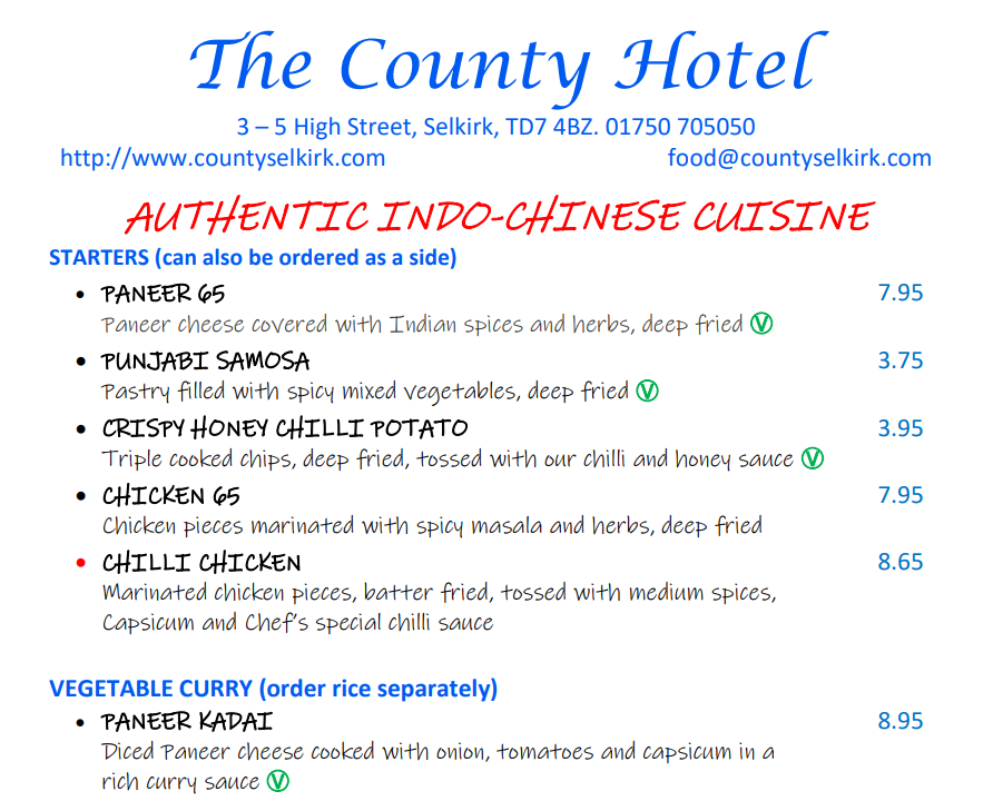 Indo-Chinese restaurant menu County Hotel Selkirk