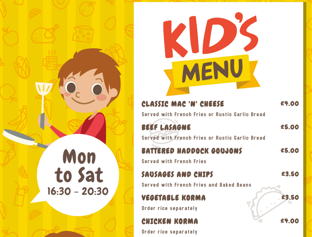 Kids menu at County Hotel Selkirk restaurant