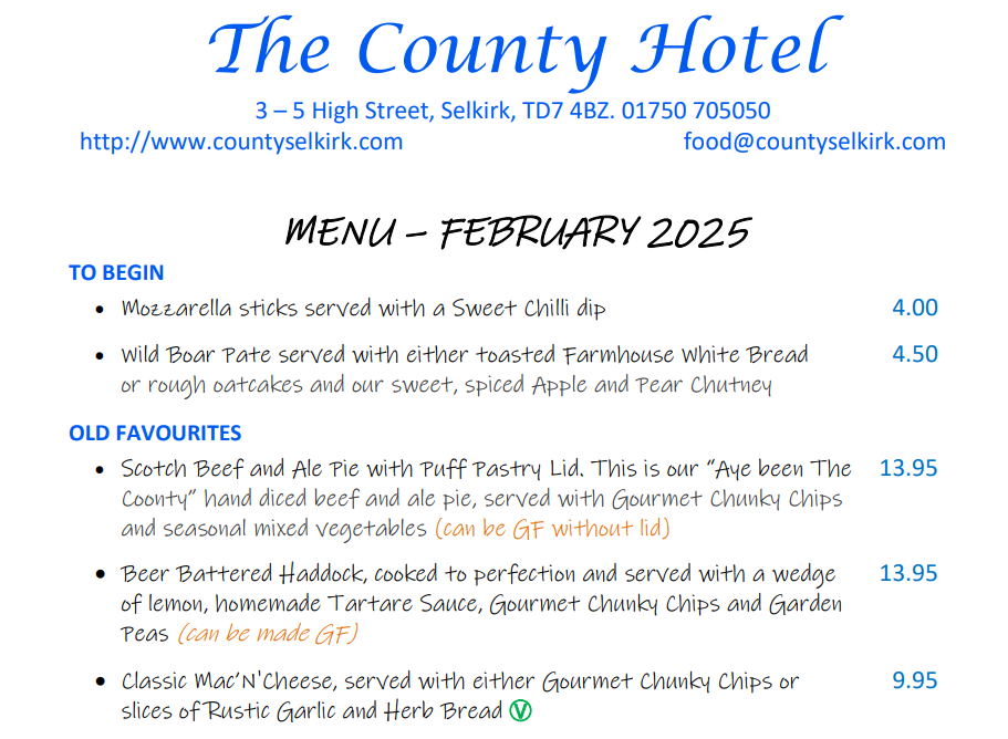 Pub grub menu at County Hotel Selkirk