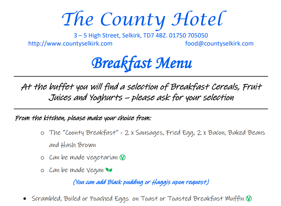 County Hotel Selkirk breakfast menu